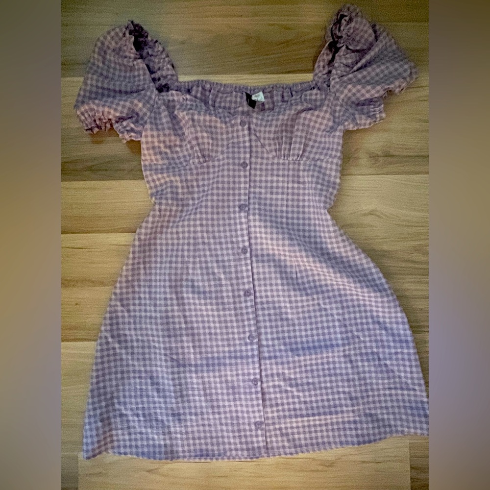 cute purple dress button up puffy sleeves